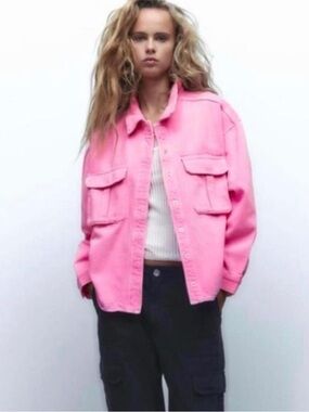 Zara Hot Pink Utility Jacket with Front Flap Pockets